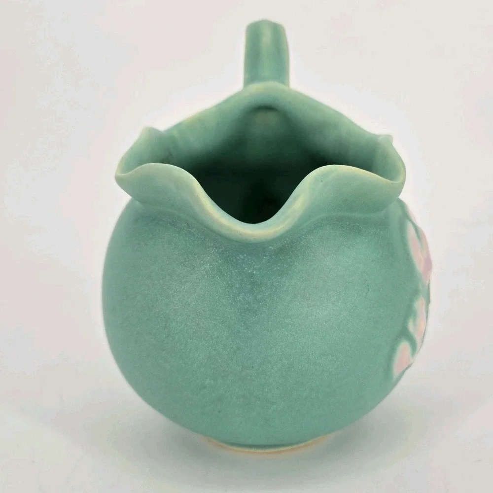 Vintage Weller Bouquet F-20 Turquoise Ball Pitcher Pink Floral Art Pottery 1930s